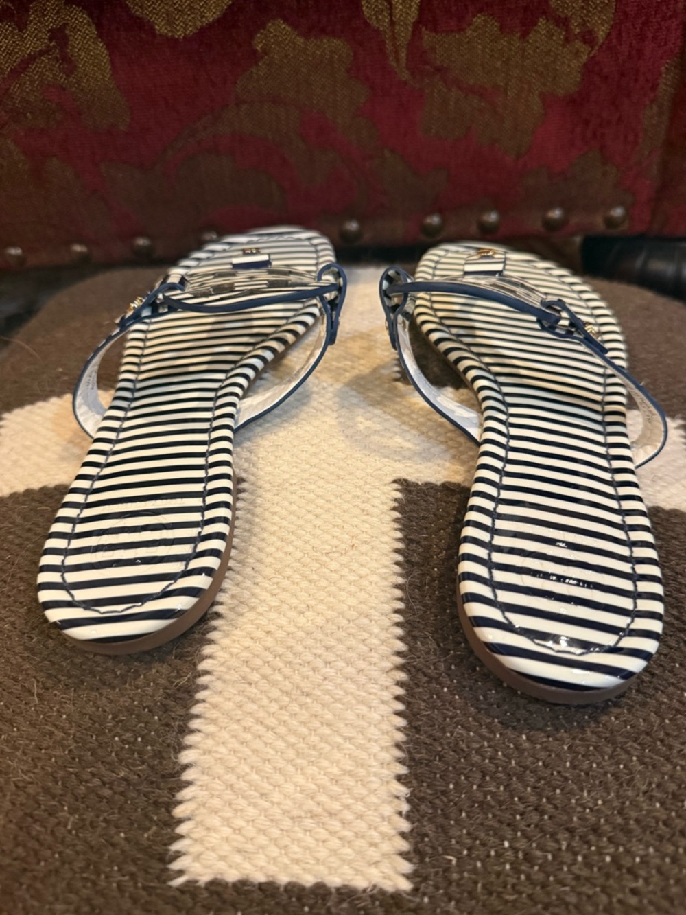 Tory Burch Navy & White Striped Miller Sandals with Logo Medallion - Picture 3 of 5